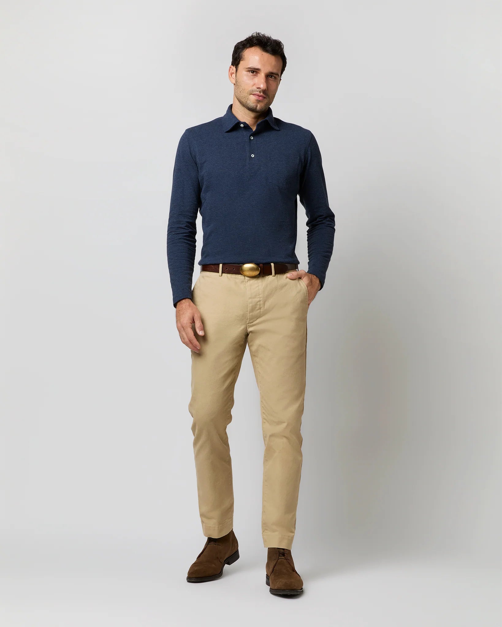 Long-Sleeved Polo Heather Denim Pima Pique