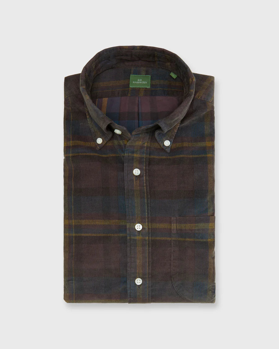 Button-Down Sport Shirt -  Olive/Lake/Yellow Plaid Corduroy