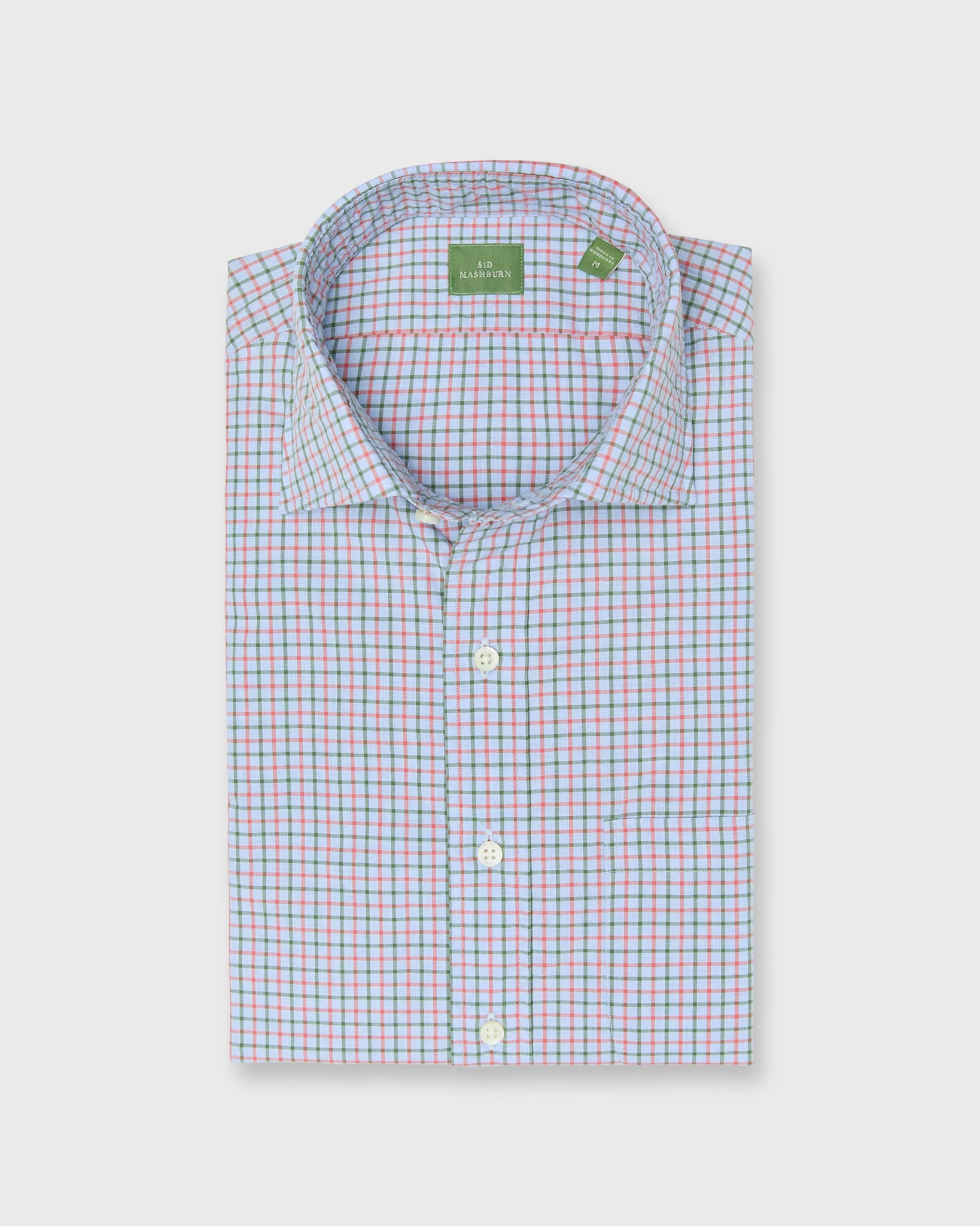 Spread Collar Sport Shirt - Sky/Poppy/Green Tattersall Poplin